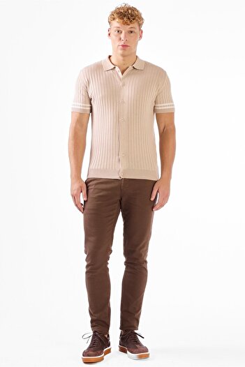 Dufy Light beige polo neck buttoned ribbed plain slim fit knitwear t-shirt