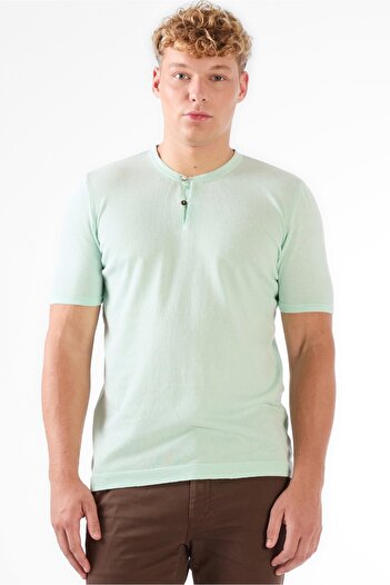 Dufy Water Green Men's Slim Fit Plain Buttoned O-Neck Knitwear