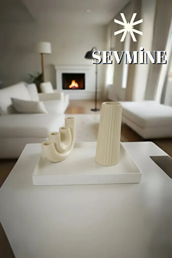 SEVMİNE ✨   Cream Duo Set of 2 Vases & Candle Holders – 18cm Striped Bohemian Vase & Set of 4 U-Shaped Cream Candle Holders