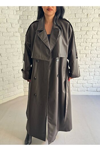 moneta boutique Γυναικεία δερμάτινη καμπαρντίνα με επένδυση με μακρύ και φαρδύ κορμό