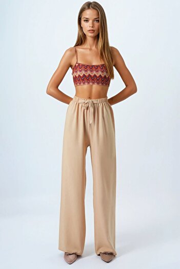 VAGGON Women's Camel Lace-Up Elastic Waist Palazzo Pants Vs00837