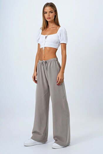 VAGGON Women's Gray Lace-Up Elastic Waist Palazzo Pants Vs00837