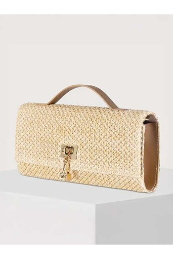 ÇANTA Women's Vintage Straw Woven Pattern Lock Closure Holiday Beach Beige Hand Shoulder Clutch Weave Design