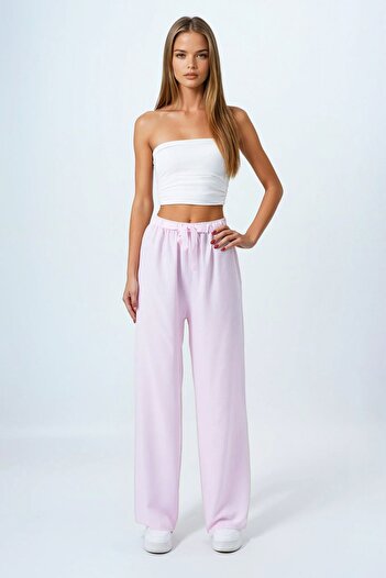 VAGGON Women's Powder Lace-Up Elastic Waist Palazzo Pants Vs00837