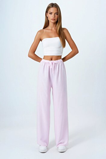 VAGGON Women's Powder Lace-Up Elastic Waist Palazzo Pants Vs00837