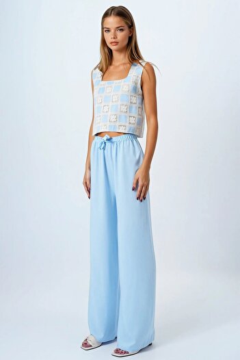 VAGGON Women's Baby Blue Lace-Up Elastic Waist Palazzo Pants Vs00837