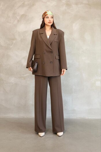 Stil Sepeti Women's Brown Premium Oversize Blazer Jacket Palazzo Pants Set Drl-10001163