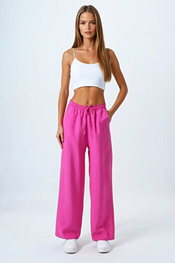 VAGGON Women's Pink Lace-Up Elastic Waist Palazzo Pants Vs00837
