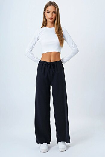 VAGGON Women's Anthracite Lace-Up Elastic Waist Palazzo Pants Vs00837