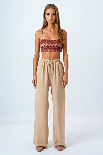 VAGGON Women's Camel Lace-Up Elastic Waist Palazzo Pants Vs00837
