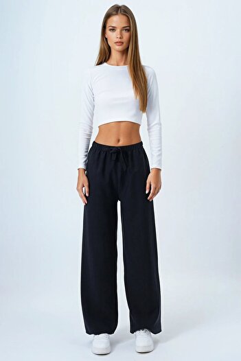 VAGGON Women's Anthracite Lace-Up Elastic Waist Palazzo Pants Vs00837