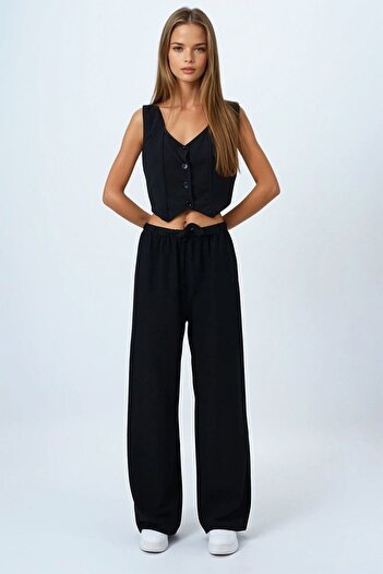 VAGGON Women's Black Lace-Up Elastic Waist Palazzo Pants Vs00837