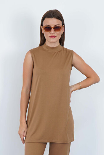 penyebizden Viscose Sleeveless Tunic-Cinnamon