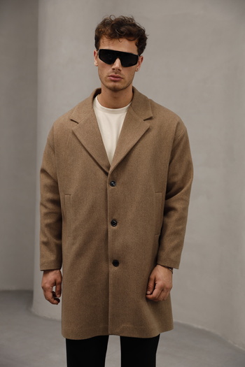 Bürke Brown Button Closure Half Oversize Relaxed Fit Long Men's Cashmere Coat Overcoat