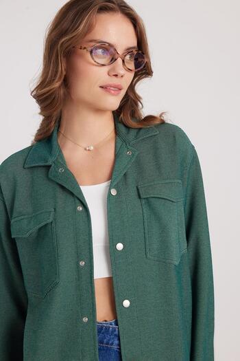 Tudors Women's Relax Fit Comfortable Cut Double Pocket Knitted Green Apaş Collar Shirt