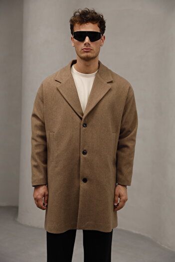 Bürke Brown Button Closure Half Oversize Relaxed Fit Long Men's Cashmere Coat Overcoat