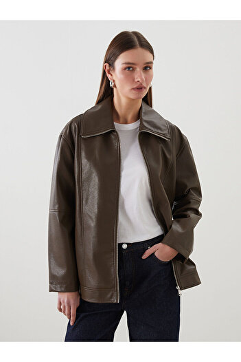LC Waikiki Shirt Collar Oversize Women's Leather Look Jacket