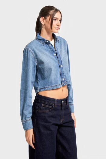 its basic Kadın T.Kot Renk cc01 7s5-8 Crop Fit Önü Düğmeli %100 Organik Denim Kumaş Gömlek