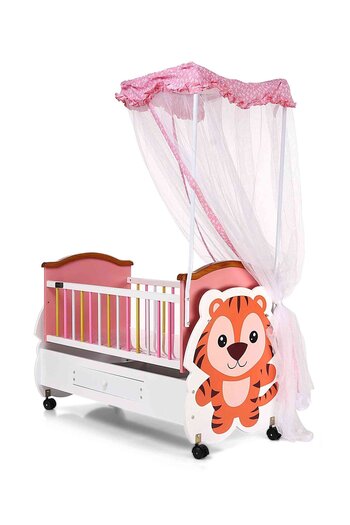 Babyhug Tiger Cub Wooden Cradle with Wheels, Pink White 0-9M, Mosquito Net