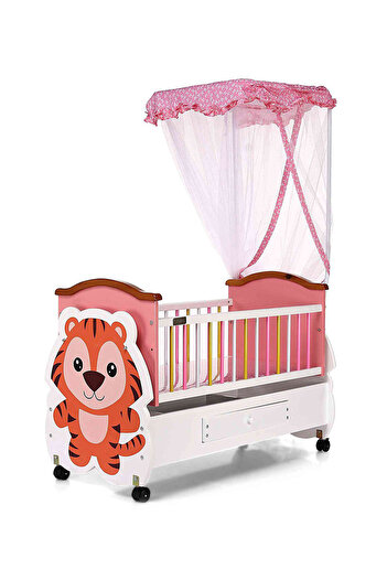 Babyhug Tiger Cub Wooden Cradle with Wheels, Pink White 0-9M, Mosquito Net