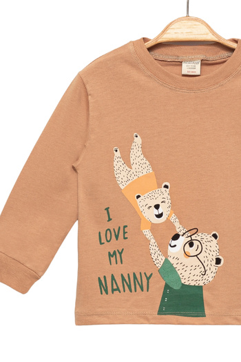 Divonette Girls Boys Thin Seasonal 100% Cotton Long Sleeve T-Shirt Teddy Bear Pattern Unisex Children's Beige T-Shirt