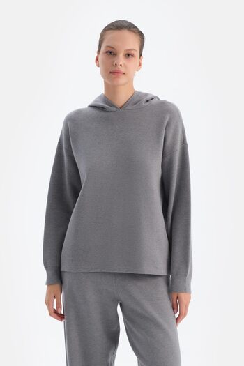 Eros Gray Melange Hooded Soft Button Sweatshirt