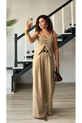 Oslove Stone strap vest-belted pants set