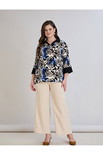 Te&Te Women's Plus Size Patterned Blouse with Ring Detail at the Collar