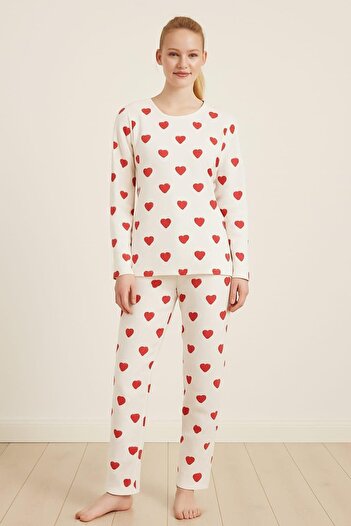 Pemilo Set de pijamale cu mâneci lungi cu model de inimă pentru femei 6026 ALB