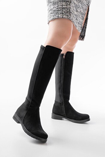 Aymood 165-305 Black Suede Back Stretch Zippered Casual Women's Boots