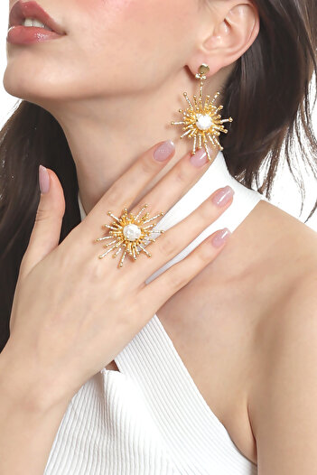 LABALABA Women's Gold Color Plated Pearl Detailed Large Sun Ring & Earring Set