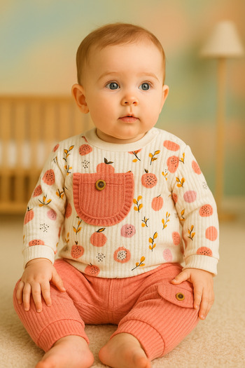 Uğur bebe Nafitto 100% Cotton Waffle Fabric Baby Set with Patterned Top with Shoulder Snaps and Pocket Covers