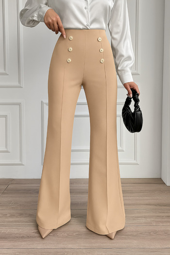 Deafox Beige Women's Button Detail Zippered Crepe Fabric Trousers