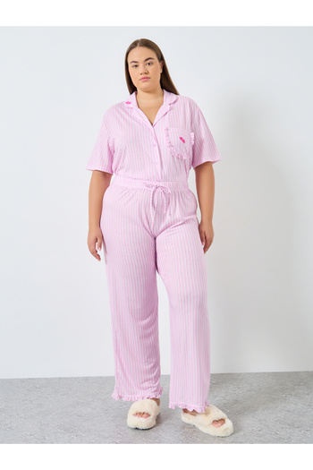 Styli Plus Size Pink Striped Shirt and Pyjama Set