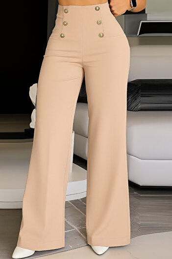 Deafox Beige Women's Crepe Fabric Trousers with Elastic Waist and Button Detail