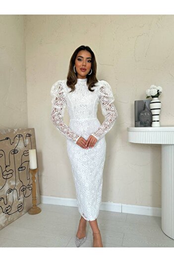 369 etnik butik Women's Lace Midi Dress – Long Sleeve, Ruffle Shoulder Detail