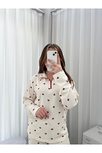 Lena Homewears Kırmızı Kiraz Desenli Ekru Waffle Premium Pijama Takımı