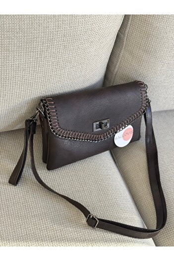 BAGLOVİS Thin Elegant Brown Women's Handbag with Two Pockets En27 Boy18
