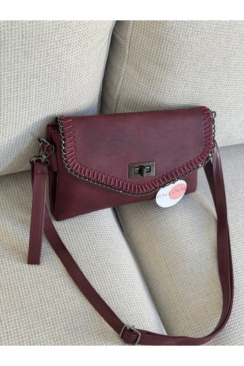 BAGLOVİS Thin Elegant Burgundy Women's Handbag with Two Pockets En27 Boy18