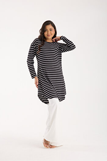 MODA VUSLAT Women's Long Sleeve Striped Black Tunic