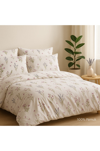 Evimcim 100% Cotton Double Duvet Cover Set with Floral Pattern, Cream (Gift Boxed)