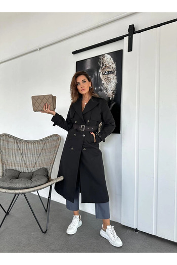 GAMZE ALPTEKİN Black Waterproof Trench Coat Maxi Length Long Trench Coat Waterproof Imported Fabric