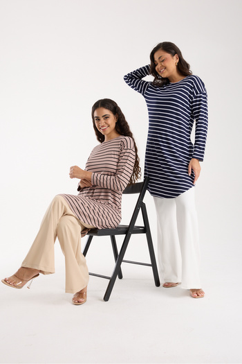 MODA VUSLAT Women's Mink Color Striped Long Sleeve Tunic