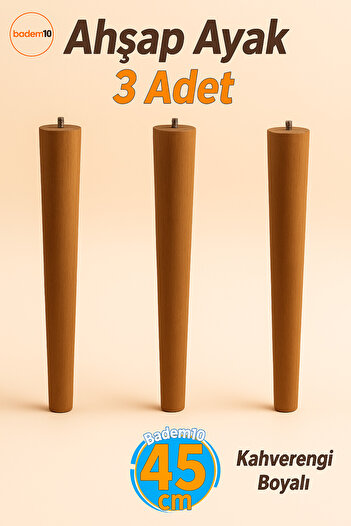 Badem10 45 cm 3-Piece (with Connection Attachment) Brown Painted Natural Wooden Cylinder Coffee Table Pouf Table Leg Feet