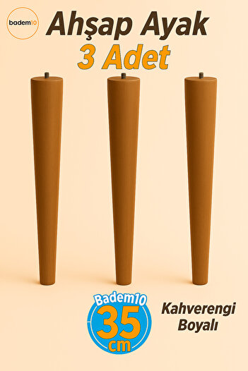 Badem10 35 cm 3-Piece (with Connection Apparatus) Brown Painted Natural Wooden Cylinder Coffee Table Pouf Table Leg Feet