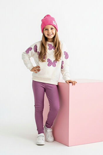 TRENDYOLKIDS Ecru 100% Cotton Printed Girl's Knitted Bottom - Top Set Tkdaw26Au00066
