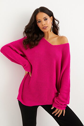 Cool & Sexy Γυναικείο Πλεκτό Φούξια με V λαιμόκοψη Casual Oversize Tunic SMT158