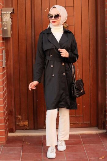 Neva Style - Buttoned Black Hijab Trench Coat 263s