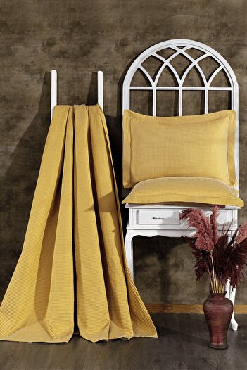 Luvana Home 3 Piece Cotton Duffle Pique Bedspread and Decorative Pillowcase Set Mustard