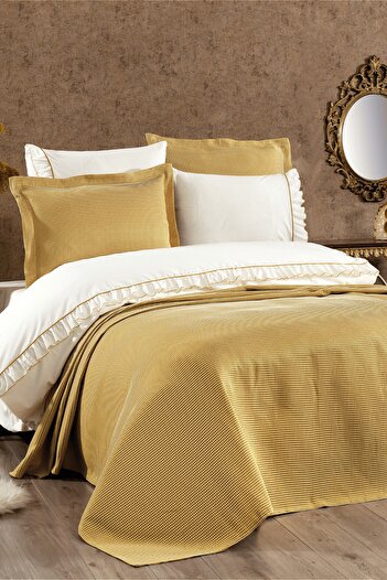 Luvana Home 3 Piece Cotton Duffle Pique Bedspread and Decorative Pillowcase Set Mustard